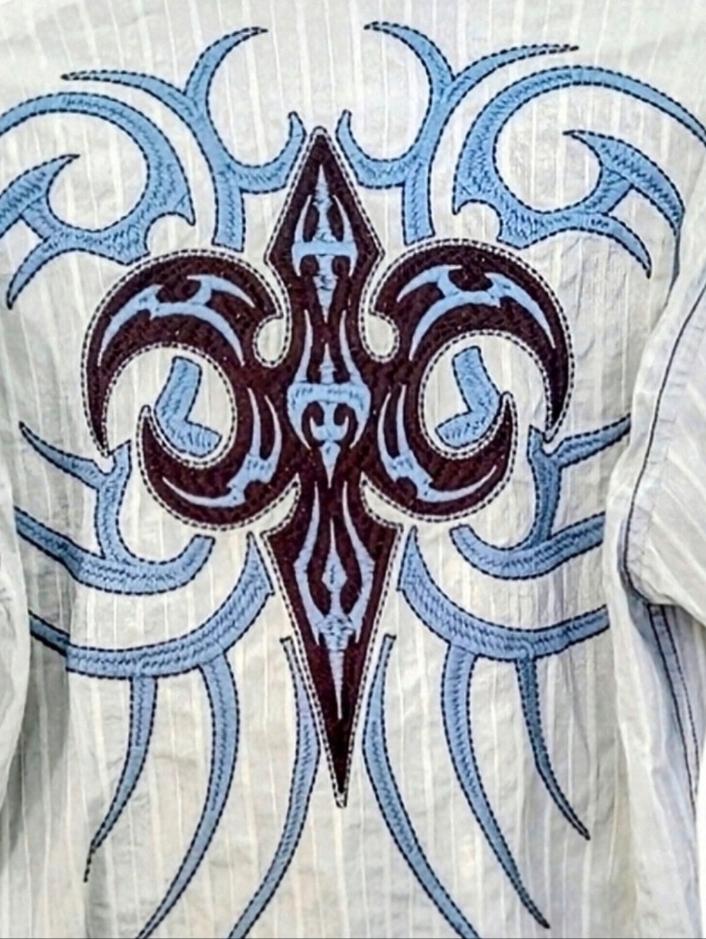 Roar Button Down Shirt Front & Back Blue, Choc Brown Tribal Embroidery. Sz. L